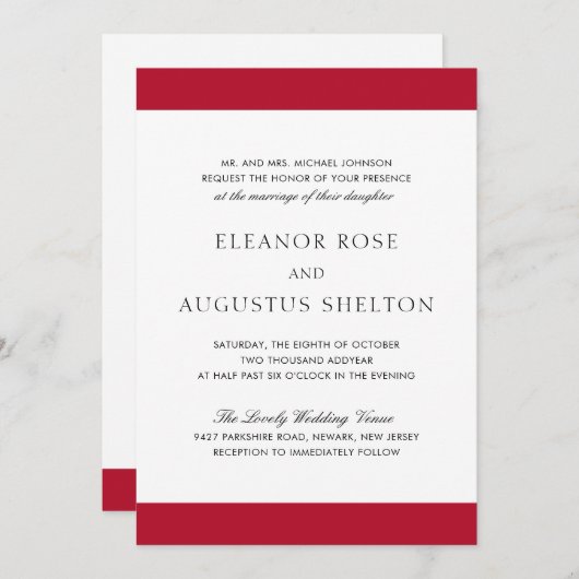 Minimal rote Moderne in einer Hochzeit Einladung (Vorne/Hinten)