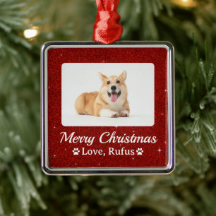 Minimal Roter Glitzer Pet Foto Frohe Weihnachten Ornament Aus Metall