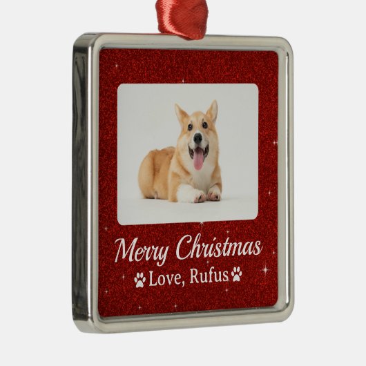 Minimal Roter Glitzer Pet Foto Frohe Weihnachten Ornament Aus Metall (Rechts)