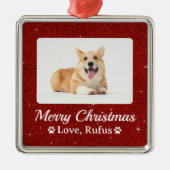 Minimal Roter Glitzer Pet Foto Frohe Weihnachten Ornament Aus Metall (Vorne)