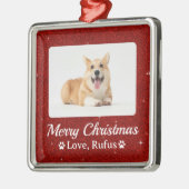 Minimal Roter Glitzer Pet Foto Frohe Weihnachten Ornament Aus Metall (Links)
