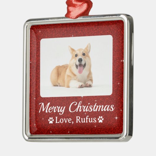 Minimal Roter Glitzer Pet Foto Frohe Weihnachten Ornament Aus Metall (Links)