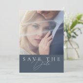 Minimal Royal Blue Opulence Script Foto Wedding Save The Date (Stehend Vorderseite)
