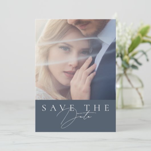 Minimal Royal Blue Opulence Script Foto Wedding Save The Date (Stehend Vorderseite)