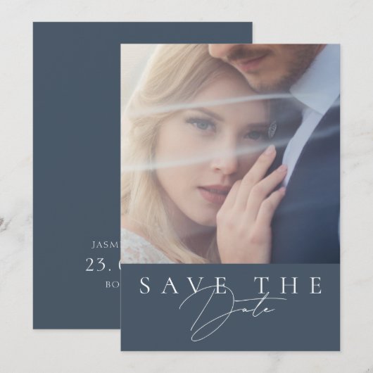 Minimal Royal Blue Opulence Script Foto Wedding Save The Date (Vorne/Hinten)