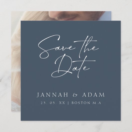 Minimal Royal Blue Opulence Script Foto Wedding Save The Date (Vorne/Hinten)