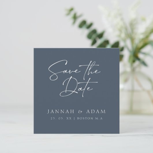 Minimal Royal Blue Opulence Script Foto Wedding Save The Date (Stehend Vorderseite)