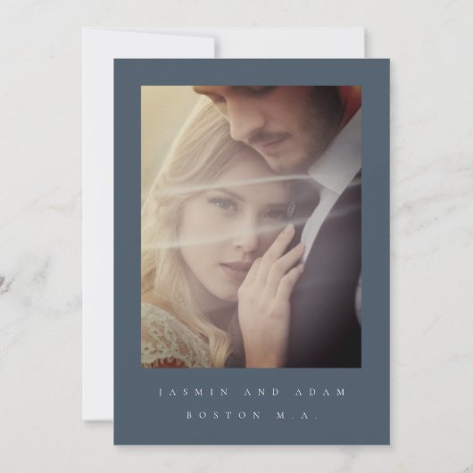 Minimal Royal Blue Opulence Script Foto Wedding Save The Date (Rückseite)