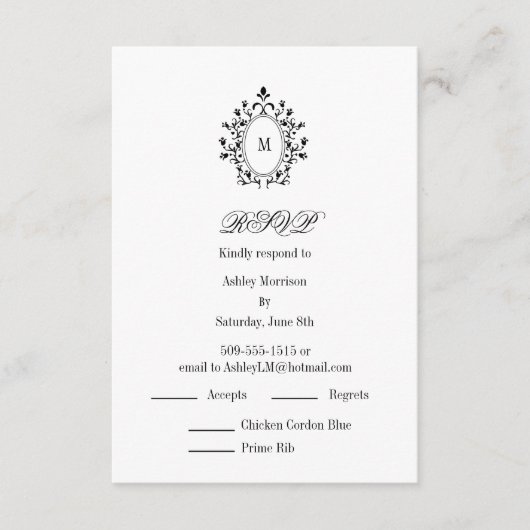 Minimal RSVP card Monogram With 2 Entree Choice Begleitkarte (Vorderseite)