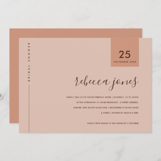 MINIMAL RUST PINK PEACH TYPOGRAPHY BRAUTPARTY EINLADUNG (Vorne/Hinten)