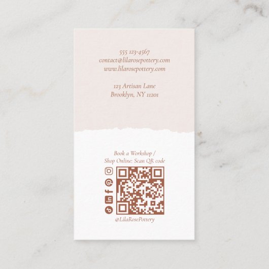Minimal Rustic Organic Handmade Pottery Design  Visitenkarte (Rückseite)