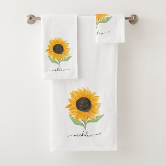 Minimal Rustic Sunflower Personalized Name Script Badhandtuch Set (Insitu)