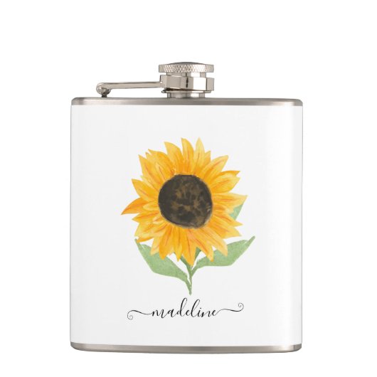 Minimal Rustic Sunflower Personalized Name Script Flachmann (Vorderseite)