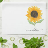 Minimal Rustic Sunflower Personalized Name Script Geschirrtuch (Gefaltet)