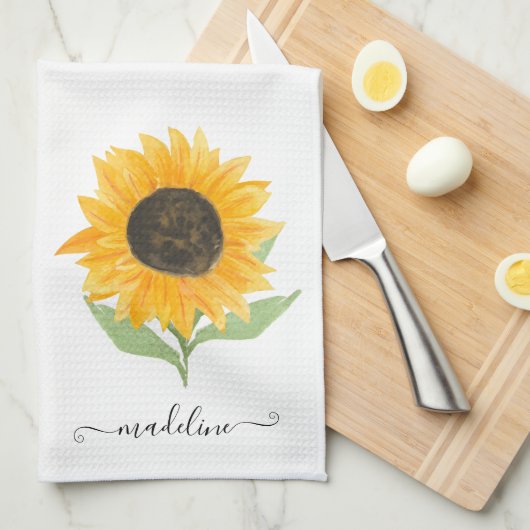 Minimal Rustic Sunflower Personalized Name Script Geschirrtuch (Viertel Falte)