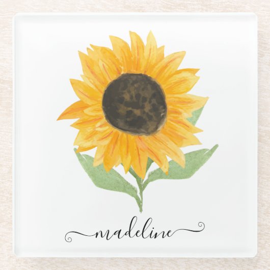 Minimal Rustic Sunflower Personalized Name Script Glasuntersetzer (Vorderseite)