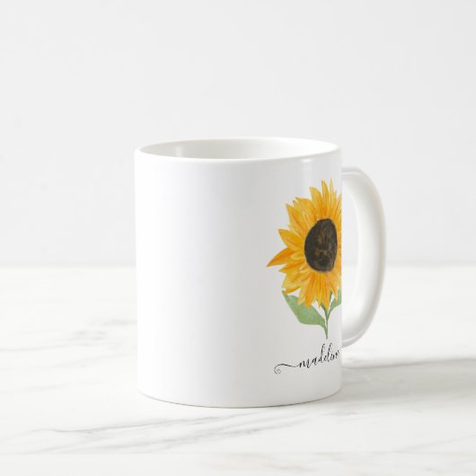 Minimal Rustic Sunflower Personalized Name Script Kaffeetasse (VorderseiteRechts)