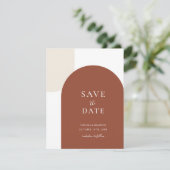 Minimal Rustic Terracotta Boho Arch Script Wedding Save The Date (Stehend Vorderseite)