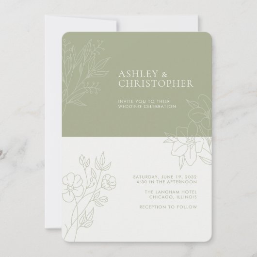 Minimal Sage Foliage Kontur All-in-One Hochzeit Einladung (Vorderseite)