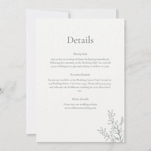 Minimal Sage Green Botanical Details Card Einladung (Vorderseite)