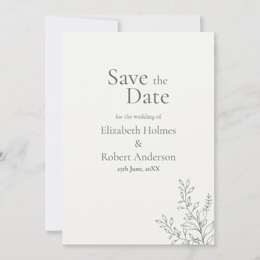 Minimal Sage Green Botanical Save the Date Einladung (Vorderseite)