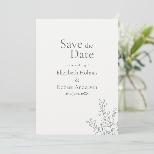 Minimal Sage Green Botanical Save the Date Einladung (Stehend Vorderseite)