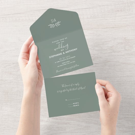 Minimal Sage Green Branch Calligraphy Wedding All In One Einladung (Abreißen)