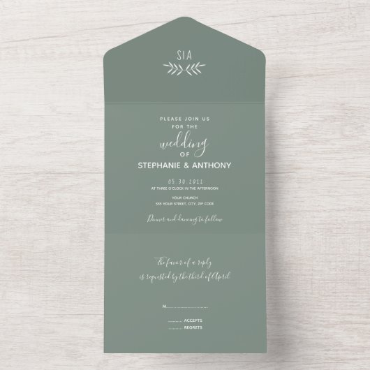 Minimal Sage Green Branch Calligraphy Wedding All In One Einladung (Innen Boden)