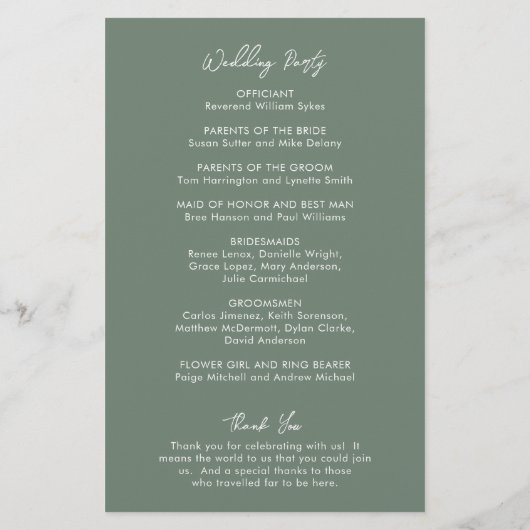 Minimal Sage Green Modern Wedding Programm (Rückseite)