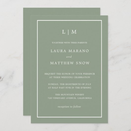 Minimal Sage Green Monogram Simple Wedding Einladung (Vorne/Hinten)