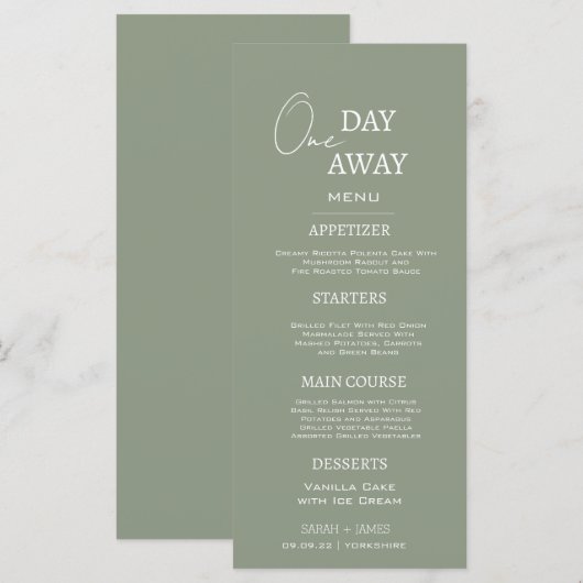 Minimal Sage Green One Day Away Probe Dinner Menükarte (Vorne/Hinten)