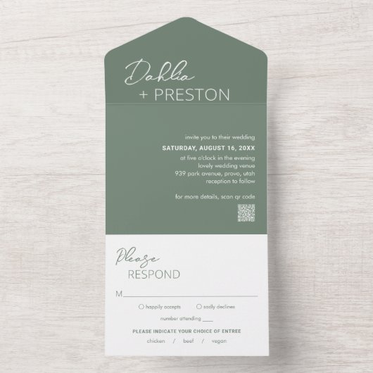 Minimal Sage Green QR Code Moderne Hochzeit All In One Einladung (Innen Boden)