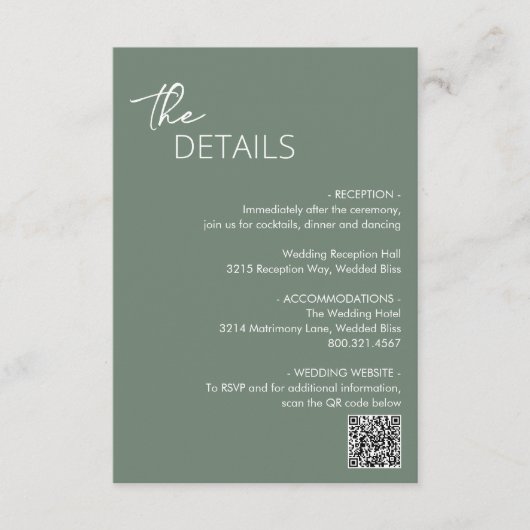 Minimal Sage Green QR Code Moderne Hochzeit Begleitkarte (Vorderseite)