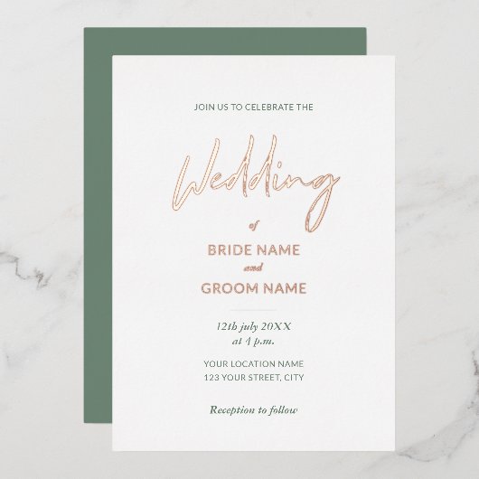 Minimal Sage Green Script Wedding Folieneinladung (Vorderseite/Rückseite)