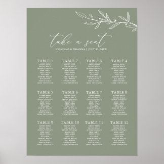 Minimal Sage Green Wedding 12 Table Seating Chart Poster