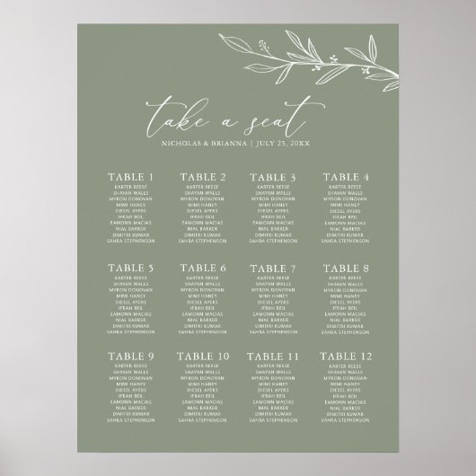 Minimal Sage Green Wedding 12 Table Seating Chart Poster (Vorne)