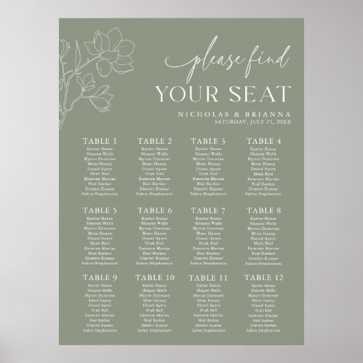 Minimal Sage Green Wedding 12 Table Seating Chart Poster (Vorne)