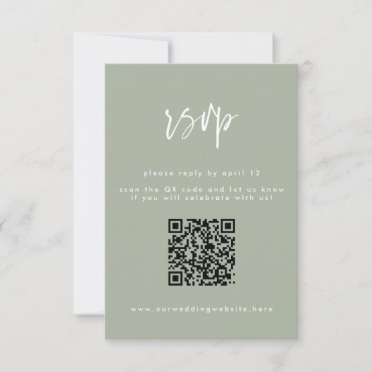 Minimal-Sage Grünes Skript Hochzeit QR-Code RSVP Karte (Vorderseite)
