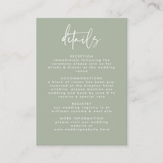 Minimal Sage Grünhandgeschriebenes Skript Hochzeit Begleitkarte (Vorderseite)