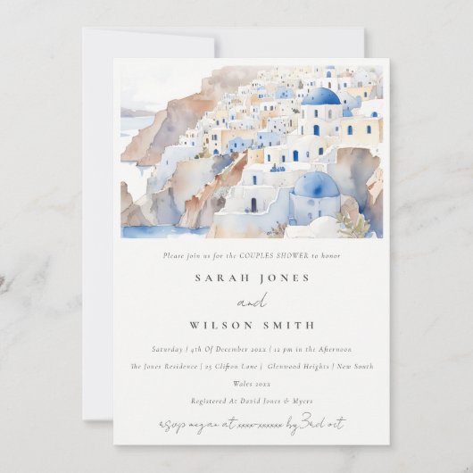 Minimal Santorini Griechenland Wasserfarbenpaare D Einladung (Vorderseite)