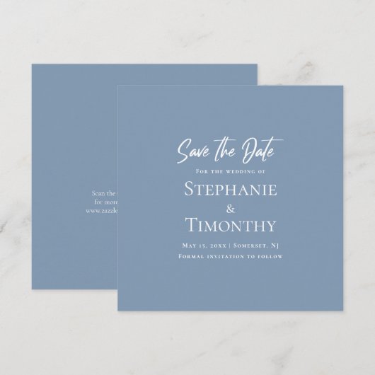 Minimal Save the Date QR Code Dusty Blue Wedding Einladung (Vorne/Hinten)