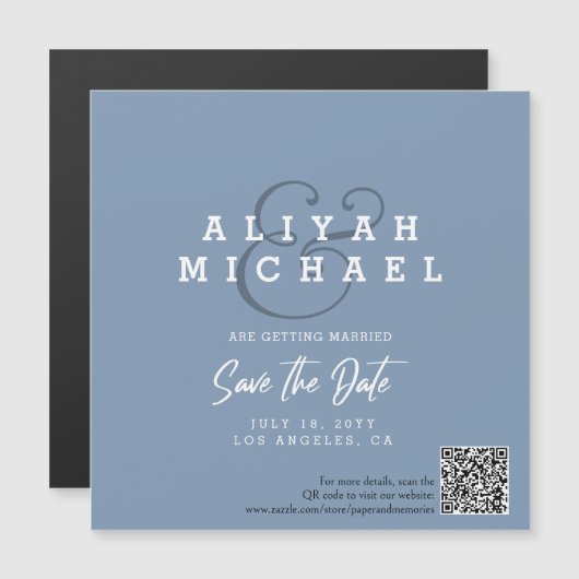 Minimal Save the Date QR Code Dusty Blue Wedding Magneteinladung (Vorne/Hinten)