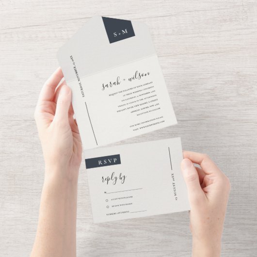 MINIMAL SCANDI BLACK & WHITE MONOGRAM WEDD ALL IN ONE EINLADUNG (Abreißen)