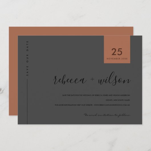 MINIMAL-SCANDI-COOLE SCHWARZE AUF SCHWARZRUSSTYPOG SAVE THE DATE (Vorne/Hinten)