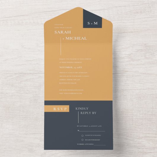 MINIMAL SCANDI FUN SCHWARZE BURNT ORANGE WEDING ALL IN ONE EINLADUNG (Innen Boden)