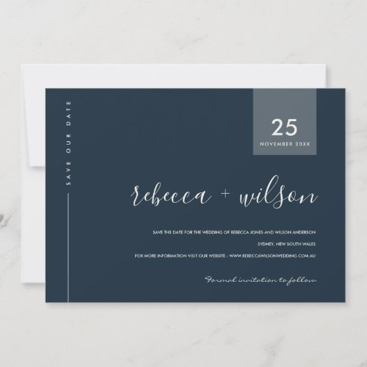 MINIMAL SCANDI MODERN NAVY BLUE GRAY TYPOGRAPHIE SAVE THE DATE (Vorderseite)