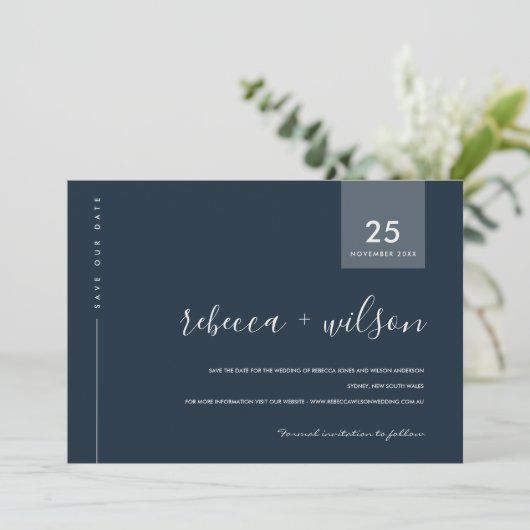 MINIMAL SCANDI MODERN NAVY BLUE GRAY TYPOGRAPHIE SAVE THE DATE (Stehend Vorderseite)