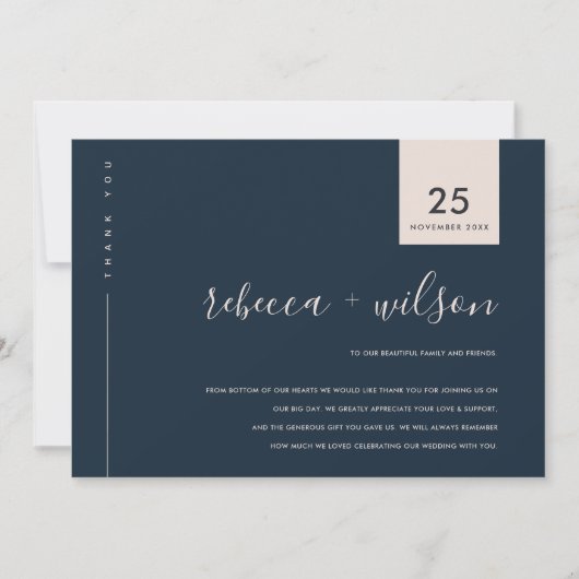 MINIMAL SCANDI NAVY PINK BLUSH TYPOGRAPHY WEDD DANKESKARTE (Vorderseite)