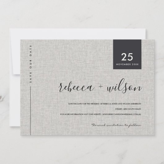 MINIMAL SCANDI RUSTIC GRAY LINEN KRAFT TYPOGRAPHIE SAVE THE DATE (Vorderseite)