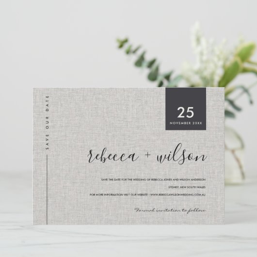 MINIMAL SCANDI RUSTIC GRAY LINEN KRAFT TYPOGRAPHIE SAVE THE DATE (Stehend Vorderseite)